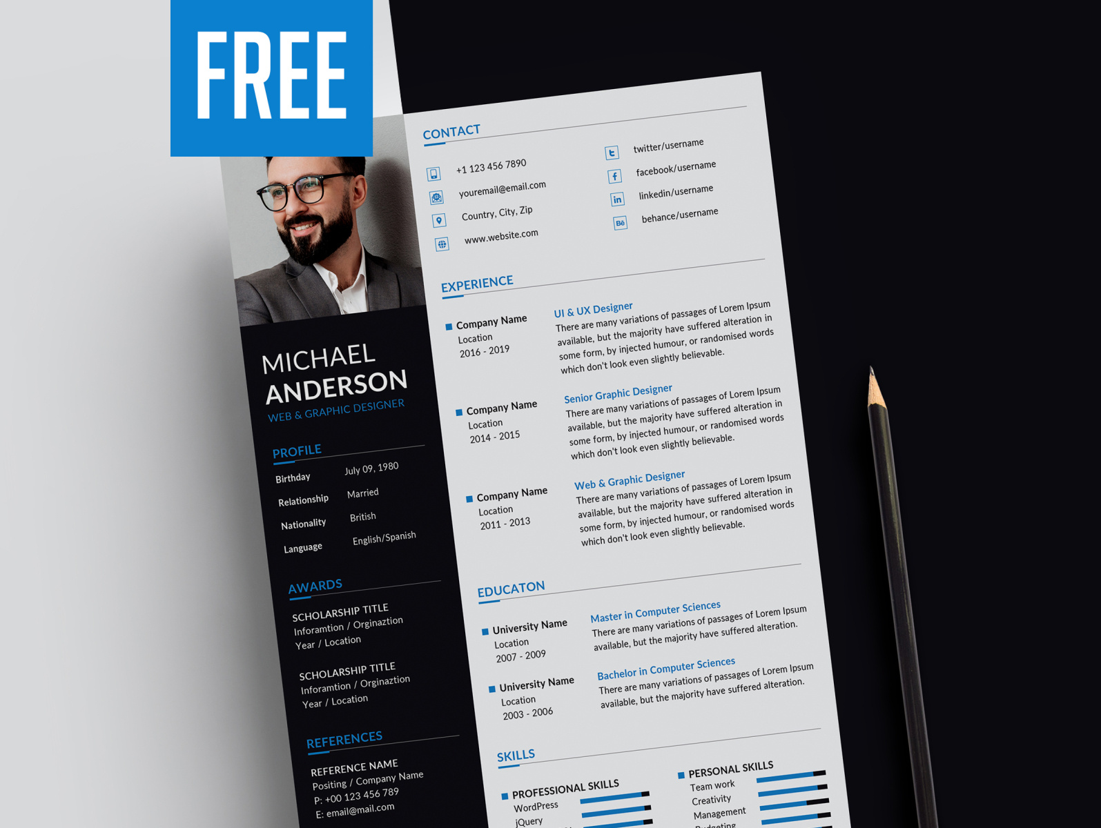 Free CV / Resume Template PSD - Download by Graphic Design Junction on ...