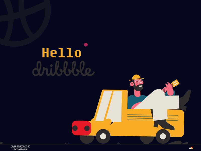 Hello Dribbble 2d art 2danimation a7mdkhattab adobe aftereffects aftereffects animated gif animation car character character animation dribbble invite dribble firstshot flat animation guitar hello hello dribbble motiongraphics vector vectorart