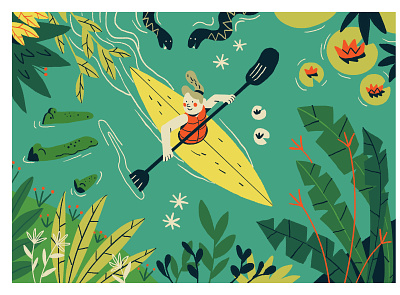 In The Jungle art boat design editorial art graphic illustration illustrator jungle kayak nature plant snake