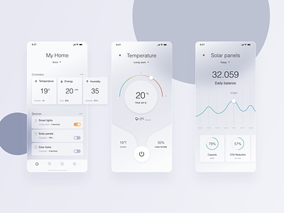 Smart Home - mobile app design app clean controllers dailyui dashboad dashboard app dashboard design dashboard ui data data visualization design eco frosted frosted glass navbar panel smarthome solar ui ux