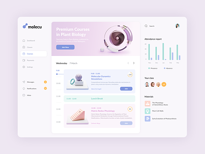 Molecu Dashboard UI - concept design 3d blender calendar clean dashboard data design desktop edu education learning light menu pink render search typography ui ux web