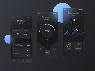 Smart Home - mobile app design app controllers dailyui dark dark mode dashboard data data visualization eco frosted frosted glass glass glass morphism glassmorphism home navbar panel smarthome ui ux