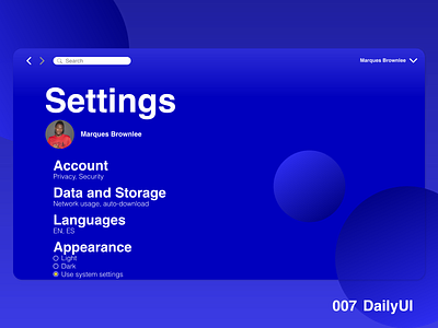 Settings - 007 of DailyUI 007 dailyui design web