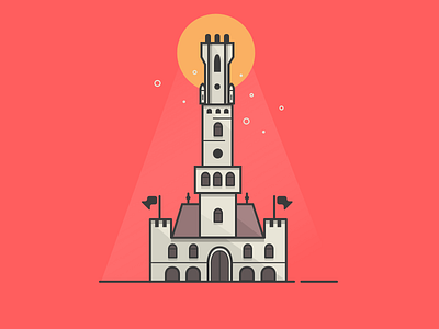 Belfry Tower bruges church city drawing flat illustration sun