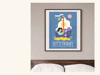 🟆 Let's travel 🟆 adventure art boat cat drawing girl handdrawn illustration lettering ocean poster sail sea summer travel vector