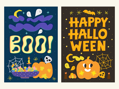 ✶ Halloween postcards ✶ art bat ghost halloween hand drawn holiday horror illustration lettering night party postcard pumpkin scary spooky