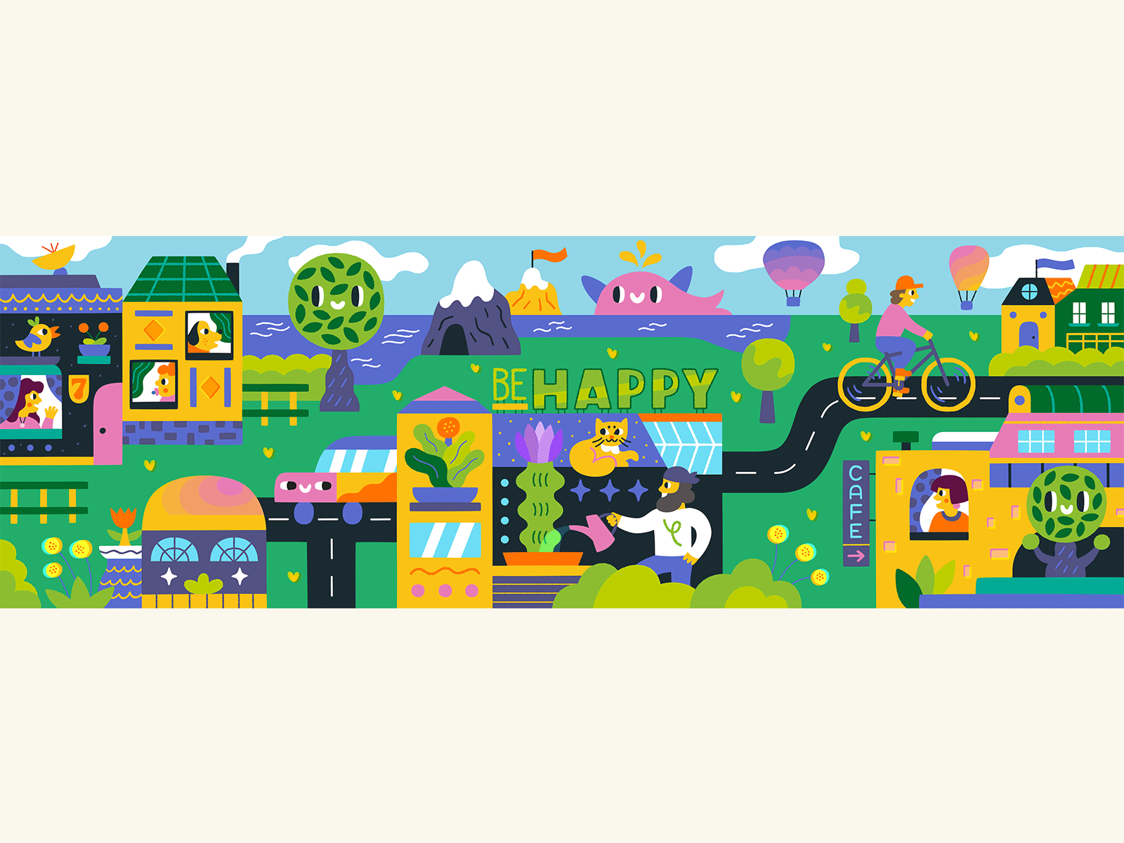 ✴ Happy city ✴ art bird bycicle cat character city day drawing fun hand drawn happy home illustration joy nature people town vector whale