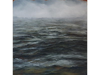 "Waking Up" adventure fine art oceanscape oil painting raincoat