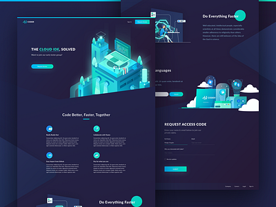 Coder Short/Dark Home Page cloud coder dark home ide illustration isometric website