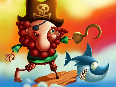 Pirate Holiday cartoon illustration character design pirate sea shark surfing waves