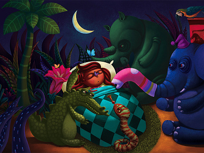 Illustration for children's story animals childrens story crocodile elephant illustration jungle moon parrot plants rhino