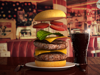 Flying Cheesy 3d 3ds max burger cheese burger cola droplets glass light model render sss2 vray