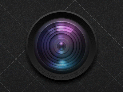 Animated - Camera lens/objective icon process. 3d animated animation black blue colorful dark depth design glass grey ipad iphone lens objective record reflection smooth zoom