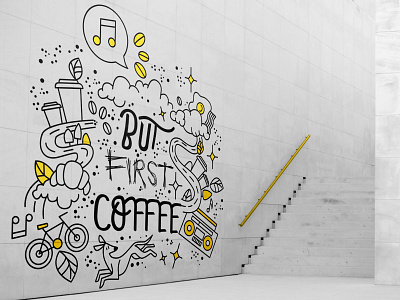 But First Coffee Mural black brand identity branding coffee coffee shop design hand drawn illustration line art mural perth vector yellow