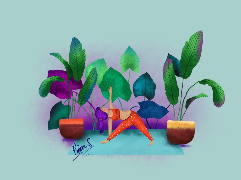 Namaslay sketch female drawing design digital illustration character design pot plants green purple coral illustrator procreate hand drawn illustration perth yoga plant illustration