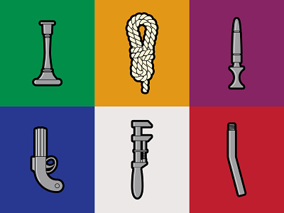 Clue Murder Weapons candlestick clue cluedo design digital illustration flat illustration game icon icon set iconography knife murder mystery pipe revolver rope tools vector art weapons wrench
