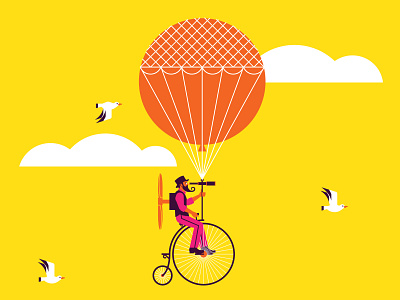 Quackenbush’s Penny-farthing Balloon Machine balloon bicycle bicycling clouds digital illustration flat illustration floating illustration machine penny farthing propeller seagulls side view sky spyglass steam punk