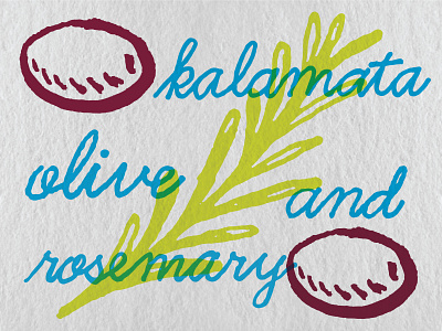 Kalamata Olive and Rosemary hand drawn illustration ink olive pen rosemary script