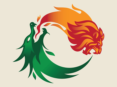 The Dragon & The Lion beast chase circle creature crest digital illustration dragon fire flame green illustration lion mouth mythical orange profile tail teeth
