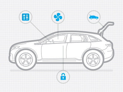 Automobile Side View And Functions air conditioning automobile automotive blue car climate controls diagram digital illustration gray grid icons illustration lock side view smart watch trunk vehicle