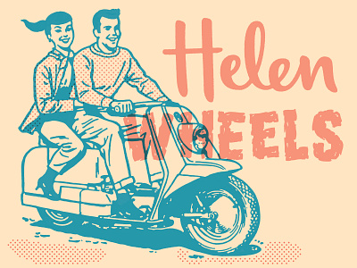 Helen Wheels blue couple halftone illustration man motorbike motorcycle overprint peach ride scooter smile speed typography woman