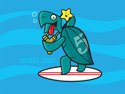 Grembo Jones the Green Sea Turtle bubbles digital illustration illustration slingshot starfish surfboard turtle water