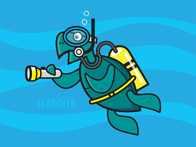 Searcher the Green Sea Turtle bubbles digital illustration flashlight illustration ocean scuba snorkel torch turtle water