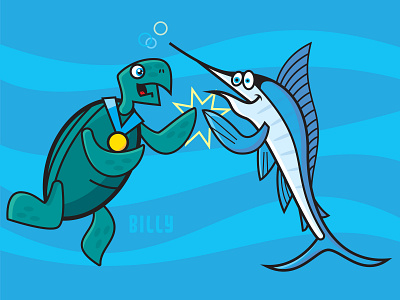 Billy the Green Sea Turtle bubbles digital illustration high five illustration medal ocean swordfish turtle water