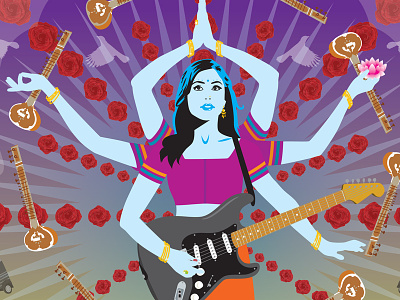 Guitar Goddess arms face guitar illustration jewelry roses sitar woman
