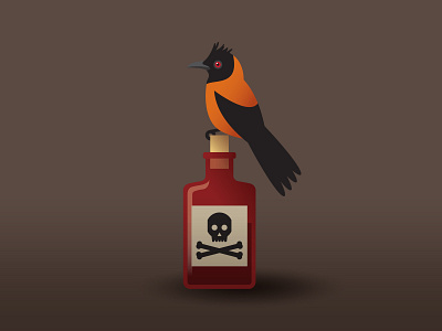 Hooded Pitohui bird black bottle cork feathers label orange poison poisonous skull and crossbones toxin