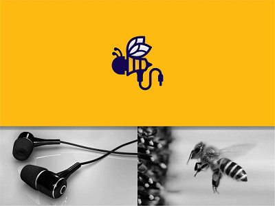 Earbud and Bee bee branding combine creative design earbud flat logo orange simple vector yellow