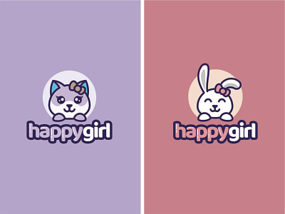 Cat and Rabbit cute logo animal branding creative cute design flat girl happy illustration logo simple vector
