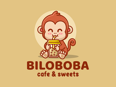 Monkey drink a boba cute illustration