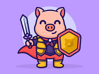 Warrior Pig Cute Illustration blie cute design flat illustration kawaii pig pink shield sword vector warrior