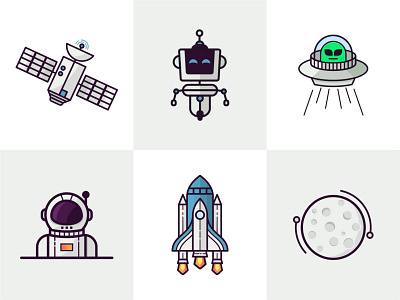 Space Icon Pack alien astronaut branding design flat icon moon planet robot rocket satelite space vector