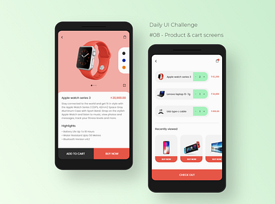 Daily UI Challenge - (08) Product and cart screens add to cart adobe xd aesthetic android app design buy now cart checkout clean ui daily ui challenge ecommerce app electronics store gadgets minimalistic product shopping app ui concept ui design user interface design ux design uxui