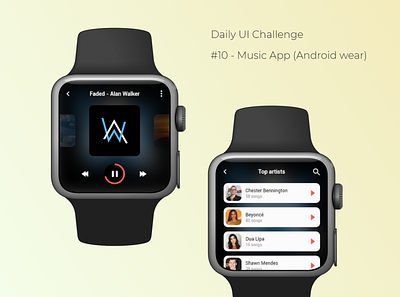 Daily UI Challenge - (10) Music app (Android wear) adobe xd aesthetic android wear audiophile clean ui daily ui 010 daily ui challenge materialdesign minimalistic music app pause play playlist smartwatch ui concept user interface design ux design uxui watchos wearables