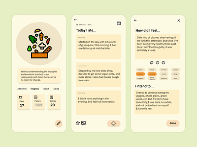 Mindfood app design food app journal mindfulness mobile app mobile ui ui ux