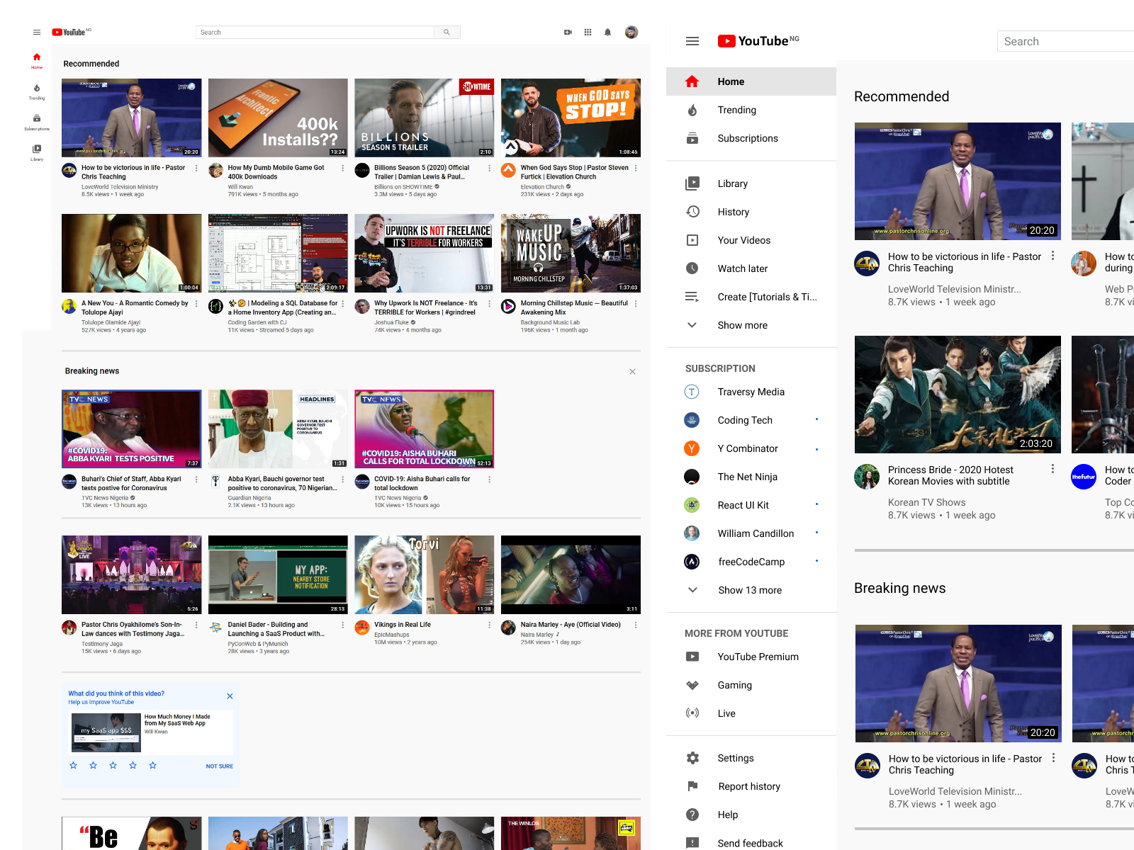youtube clone showing sidebar by Vick Greenfields on Dribbble