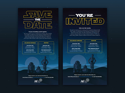 Save the Date & Invitiation bb 8 blue c3po cool palette event galexy illustration invitation movie movie art night sky r2 d2 save the date screening star wars stars