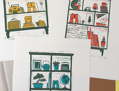 Bookshelves linocut printmaking