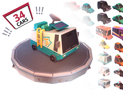 Low Poly car cartoon by Meshville 3d bus cars cartoon cartoons collection jeep low lowpoly meshville model pickup police poly sedan set taxi transport van vehicles