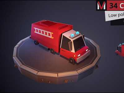 Low poly fire truck cartoon by MESHVILLE