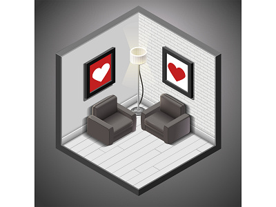 Lovely isometry livingroom armchair black bricks cartoon heart illustration interior isometric isometry livingroom love red room scandinavian vector wall white