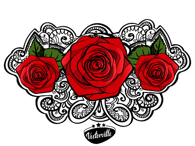 3 red roses doodle tattoo art black boho doodle flower gothic illustration illustrator lace print red rose roses scetch tattoo vector