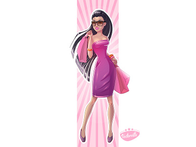 Shopping woman in pink with black hair and glasses