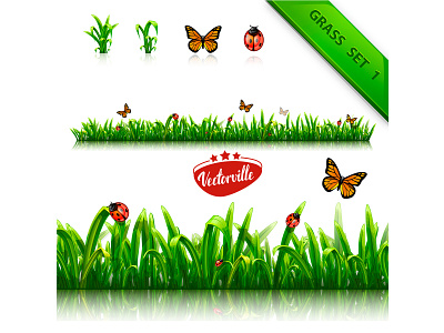 Grass set 01 background border bottom butterfly cartoon down funny grass green header illustration illustrator interface landing nature site ui vector web