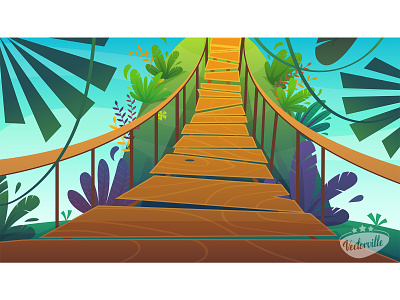 suspension bridge animation bridge cartoon cheerful forest funny illustration illustrator jungle jungles kids liana palm rope suspension tribes tropic vector way wood