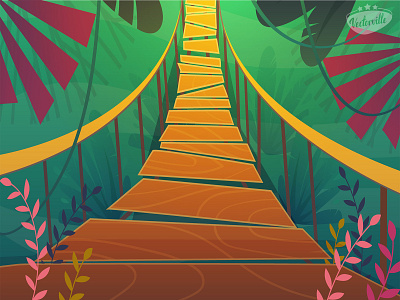bridge jungle animation bridge cartoon cheerful forest funny illustration illustrator jungle jungles kids liana palm rope suspension tribes tropic vector way wood