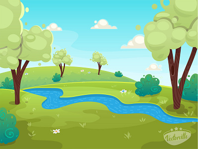 Cartoon Forest River animation camping cartoon cheerful clouds forest funny illustration illustrator kids picnic river sky treehouse trees vector way wood